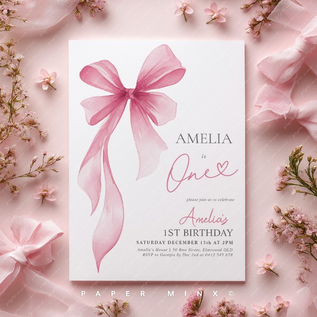 Pink Bow 1st Birthday Girl Coquette  Invitation (1st Birthday invite | Girls pink bow invitation)