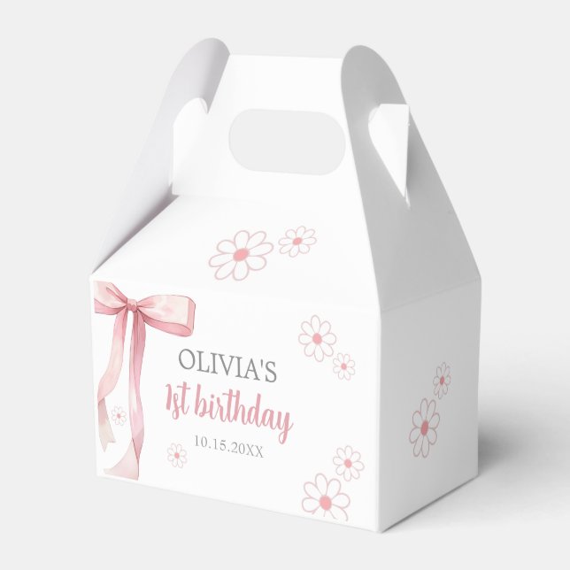Pink Bow 1st Birthday Girl Favour Box (Front Side)