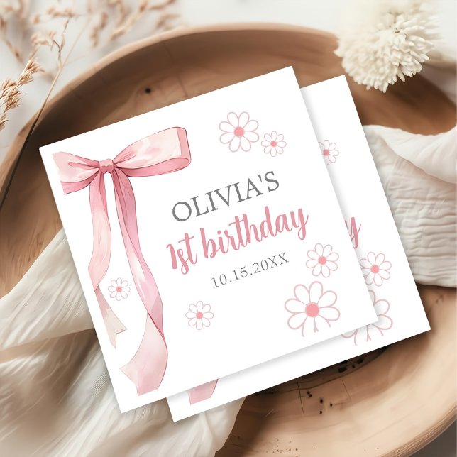 Pink Bow 1st Birthday Girl Napkin (Creator Uploaded)