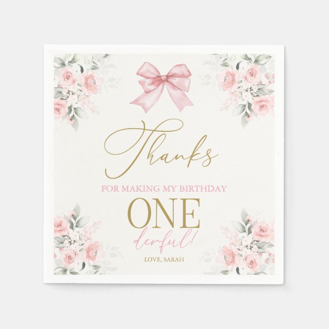 Pink Bow 1st Birthday Girl Napkins (Front)