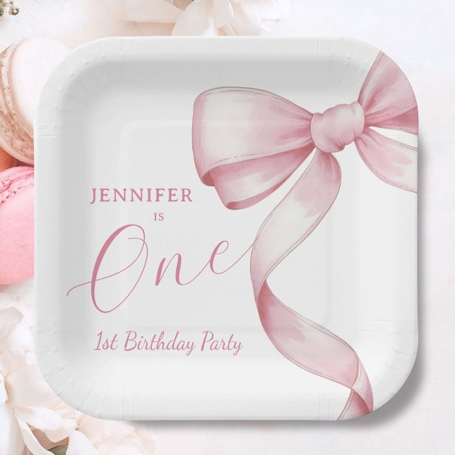 Pink Bow 1st Birthday Girl Party Paper Plate (Creator Uploaded)