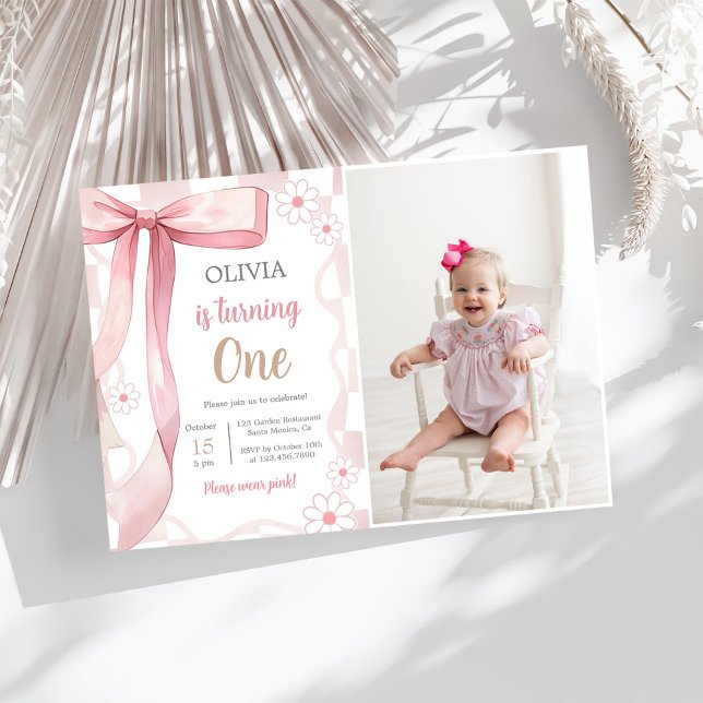 Pink Bow 1st Birthday Girl Photo Invitation (Creator Uploaded)