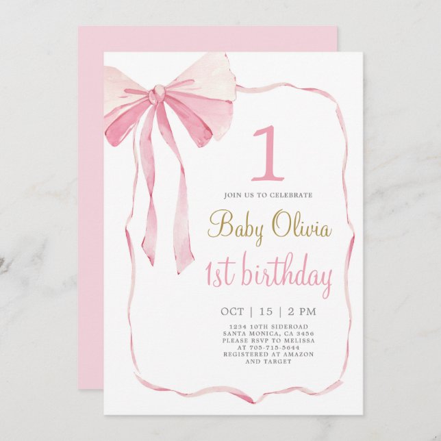 Pink Bow 1st Birthday Invitation (Front/Back)