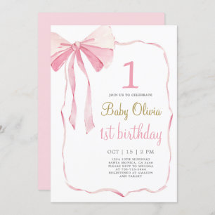 Pink Bow 1st Birthday Invitation