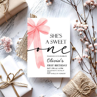 Pink Bow 1st Birthday Invitation