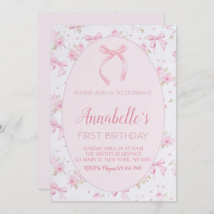 Pink Bow 1st Birthday Invitation, Floral Pink Bow  Invitation