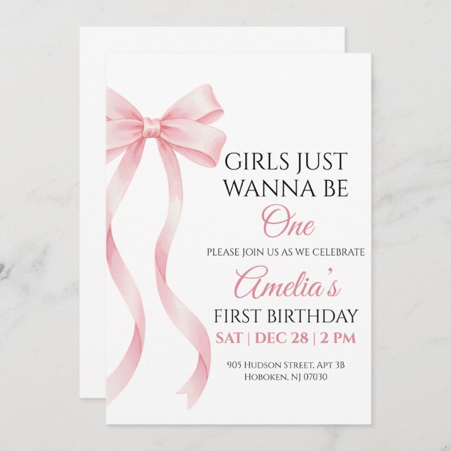 Pink Bow 1st Birthday Invitation for Baby Girl (Front/Back)