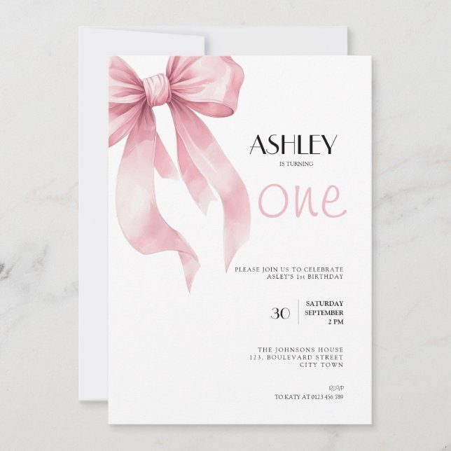 Pink Bow 1st Birthday Invitation for Girls (Front)