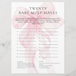 Pink Bow 20 Baby Needs Game Card Baby Shower