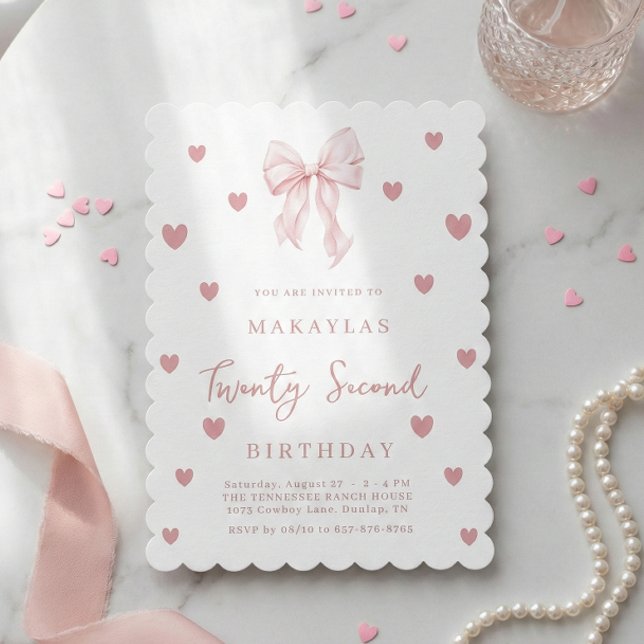 Pink Bow 22nd Heart Aesthetic Elegant Birthday Invitation (Creator Uploaded)
