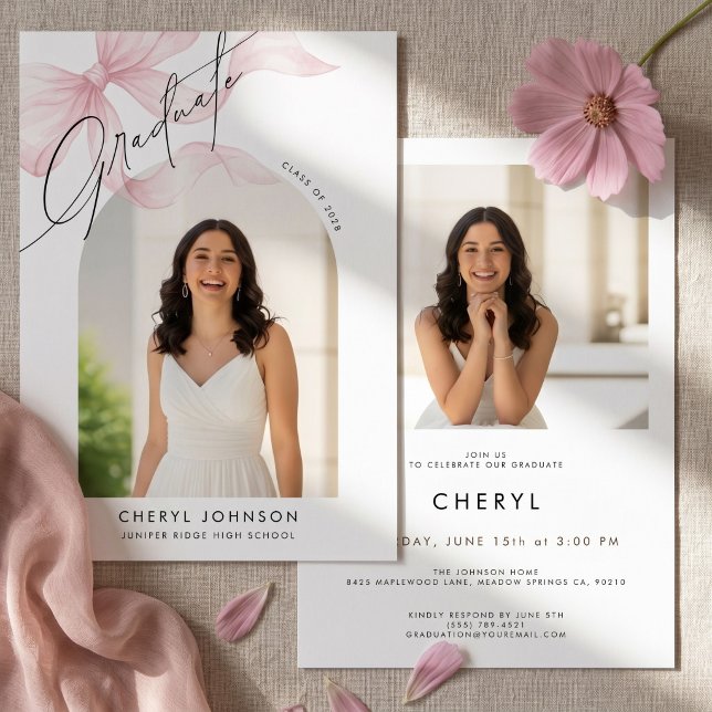 Pink Bow 2 Photo Graduation Party Invitation (Creator Uploaded)