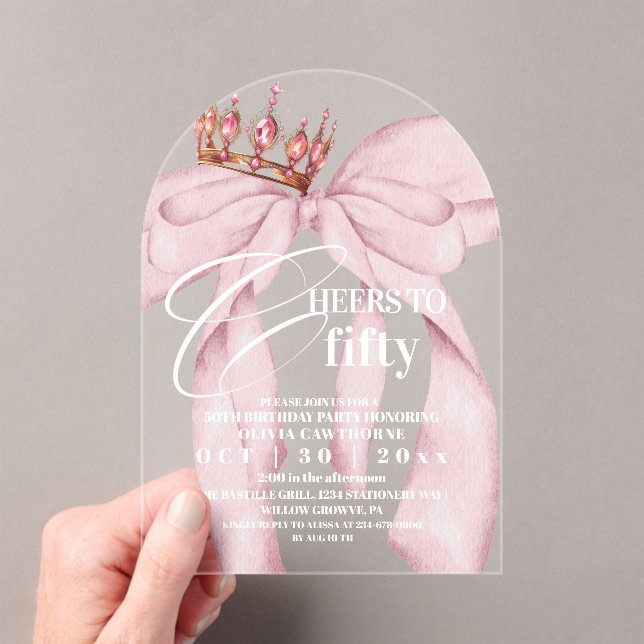 Pink Bow 50th Birthday Party  Acrylic Invitations (Insitu (Handheld))
