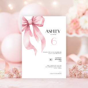 Pink Bow 6th Birthday Invitation for Girls