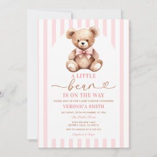 Pink Bow A Little Bear Is On The Way Stripe Invitation