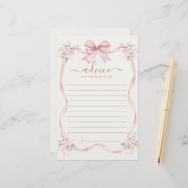 Pink Bow Advice for the Mum To Be card (Front/Back In Situ)