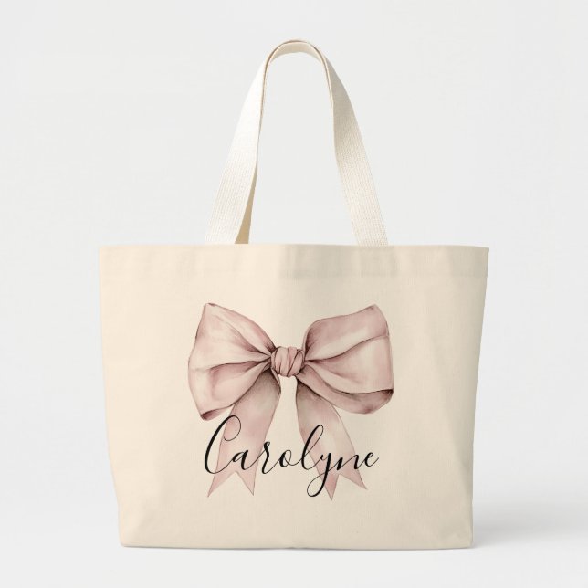 Pink bow aesthetic coquette Personalised Name Large Tote Bag (Front)
