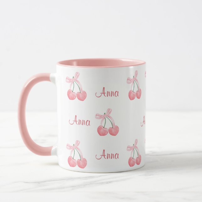Pink Bow and Cherry Personalised Custom Girl Name Mug (Left)