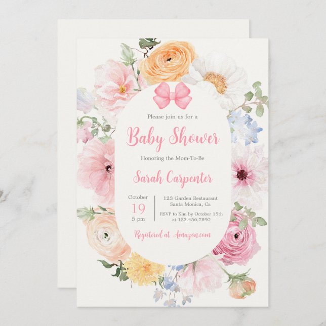 Pink Bow and Floral Baby Shower Girl Invitation (Front/Back)