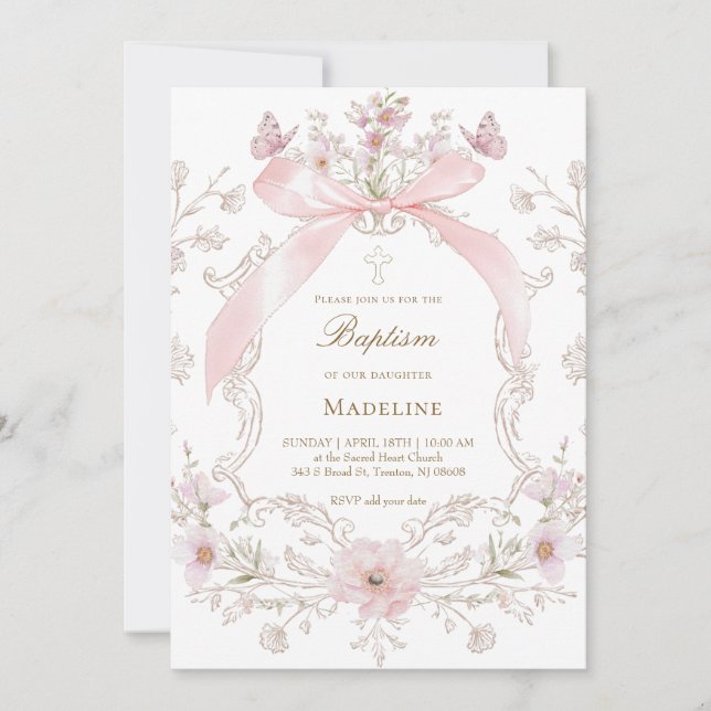 pink bow and flowers frame Baptism girl Invitation (Front)