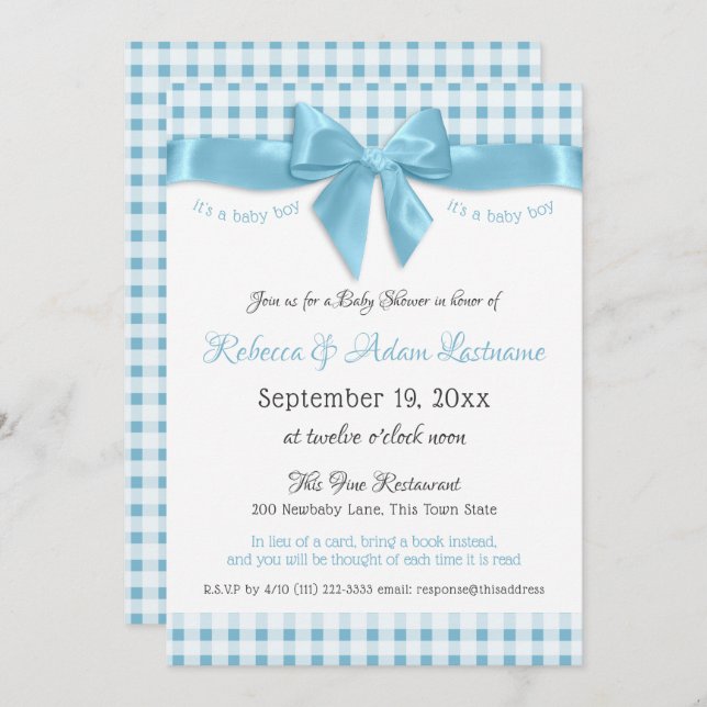 Pink Bow and Gingham Check Baby Shower Invitation (Front/Back)