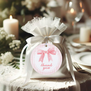 Pink bow and gingham preppy baby shower favour tags