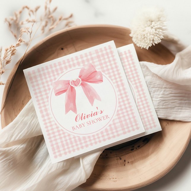Pink bow and gingham preppy baby shower napkin (Creator Uploaded)