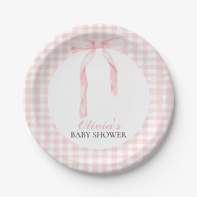 Pink bow and gingham preppy baby shower paper plate (Front)