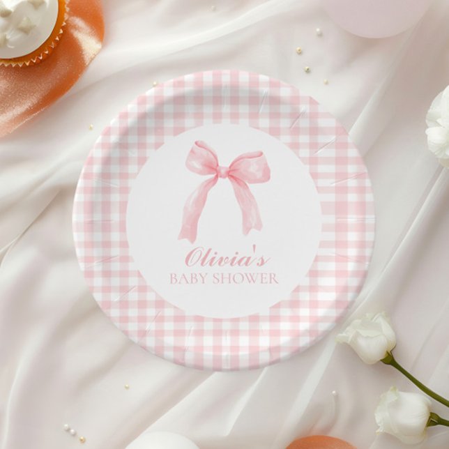 Pink bow and gingham preppy baby shower paper plate (Creator Uploaded)