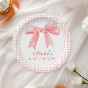 Pink bow and gingham preppy baby shower paper plate