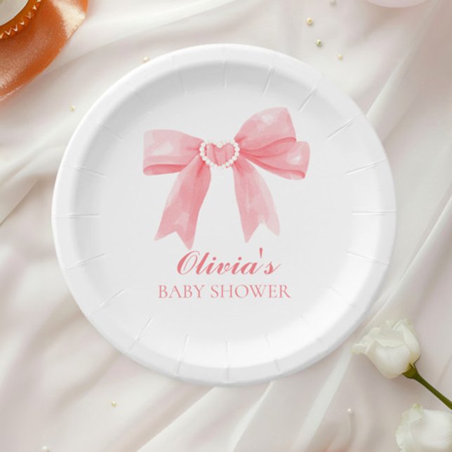 Pink bow and gingham preppy baby shower paper plate (Creator Uploaded)