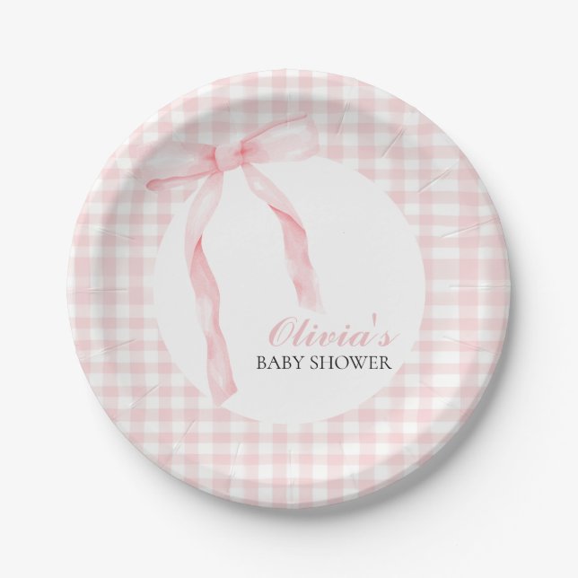Pink bow and gingham preppy baby shower paper plate (Front)