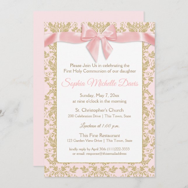 Pink Bow and Gold Damask First Communion Invitation (Front/Back)