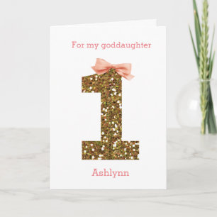 Pink Bow and Gold Glitter 1st Birthday Goddaughter Card
