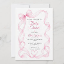 Pink Bow and Heart Baby Girl Shower Invitation