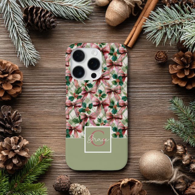 Pink Bow and Holly Watercolor Christmas  Pattern iPhone Case (Creator Uploaded)