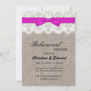 Pink Bow and Lace Wedding Rehearsal Dinner Invitation