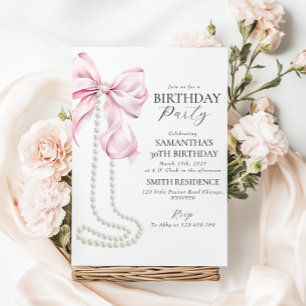 Pink Bow and Pearls 30th Birthday Party Invitation