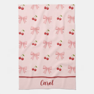 Pink Bow and Red Cherry Coquette Aesthetic Tea Towel