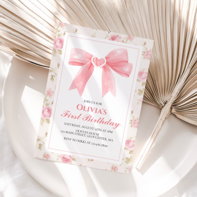 Pink Bow and Roses Coquette 1st birthday Invitation (Creator Uploaded)