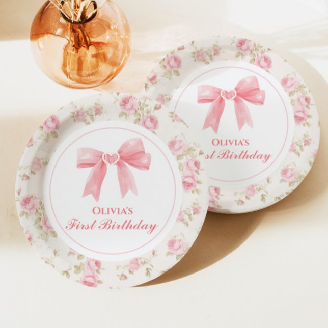 Pink Bow and Roses Coquette 1st birthday Paper Plate (Creator Uploaded)