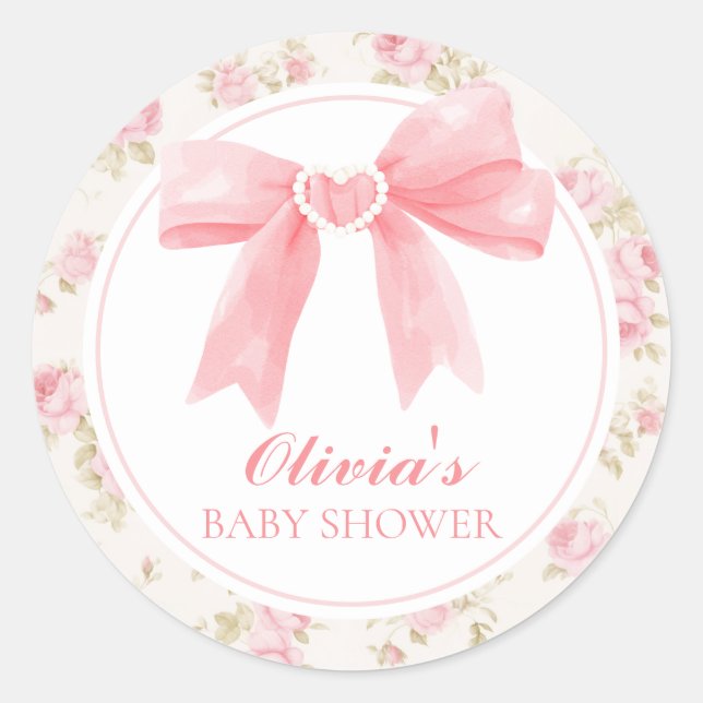 Pink bow and roses preppy baby shower classic round sticker (Front)
