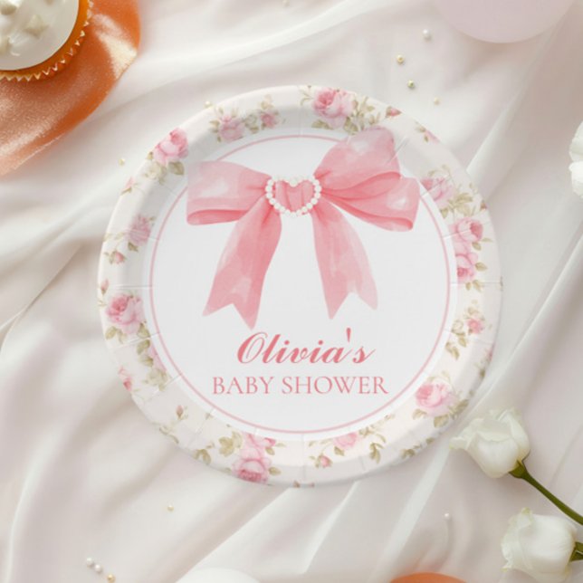Pink bow and roses preppy baby shower paper plate (Creator Uploaded)