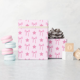 Pink Bow and Star Pattern Wrapping Paper Roll