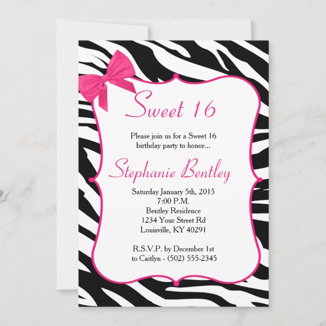 Pink Bow and Zebra Sweet 16 Birthday Invitation (Front)