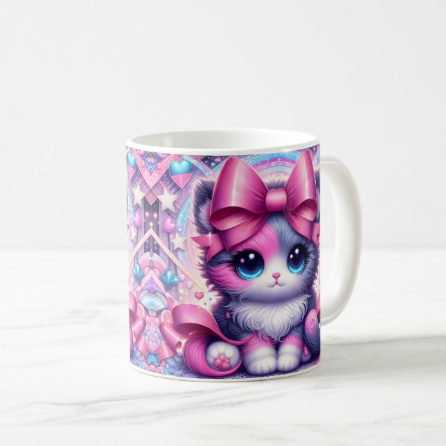 Pink Bow Anime Kitten Coffee Mug (Front Right)