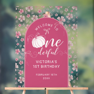 PINK BOW & ARCH FALL PUMPKIN FLOWERS BIRTHDAY ACRYLIC SIGN