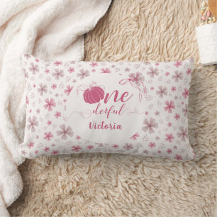 PINK BOW & ARCH FALL PUMPKIN FLOWERS BIRTHDAY LUMBAR CUSHION