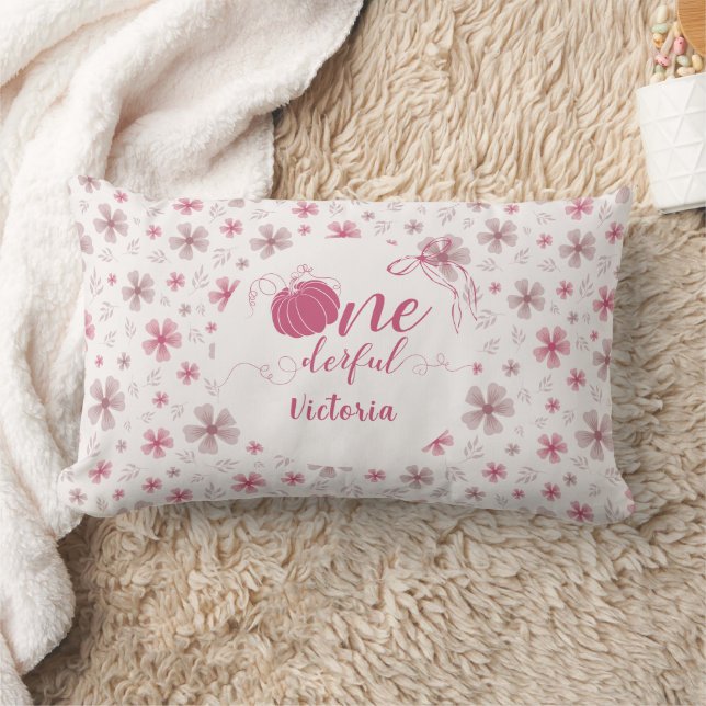 PINK BOW & ARCH FALL PUMPKIN FLOWERS BIRTHDAY LUMBAR CUSHION (Blanket)