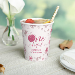 PINK BOW & ARCH FALL PUMPKIN FLOWERS BIRTHDAY PAPER CUPS