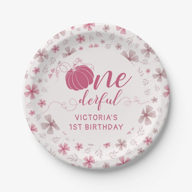 PINK BOW & ARCH FALL PUMPKIN FLOWERS BIRTHDAY PAPER PLATE (Front)